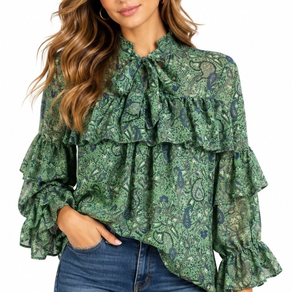 Lucky Brand Green Paisley Ruffle Tie Neck Blouse XS Long Sleeve Boho Top